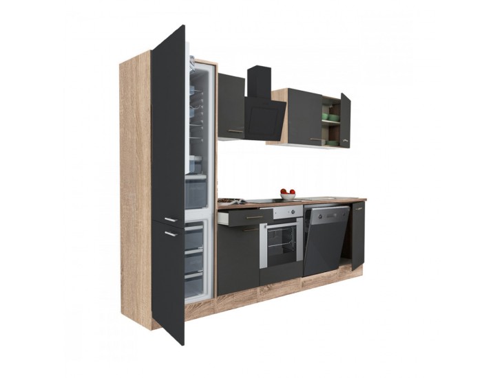 Yorki 280 konyhabútor sonoma tölgy korpusz,selyemfényű antracit front alsó sütős elemmel alulfagyasztós hűtős szekrénnyel