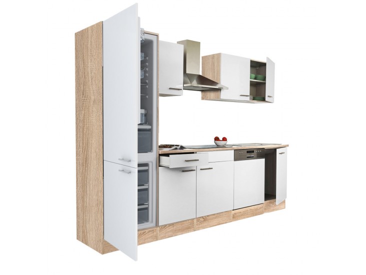 Yorki 280 konyhabútor sonoma tölgy korpusz,selyemfényű fehér fronttal alulfagyasztós hűtős szekrénnyel