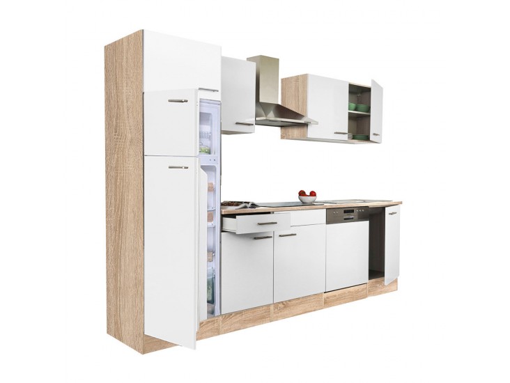Yorki 280 konyhabútor sonoma tölgy korpusz,selyemfényű fehér fronttal felülfagyasztós hűtős szekrénnyel