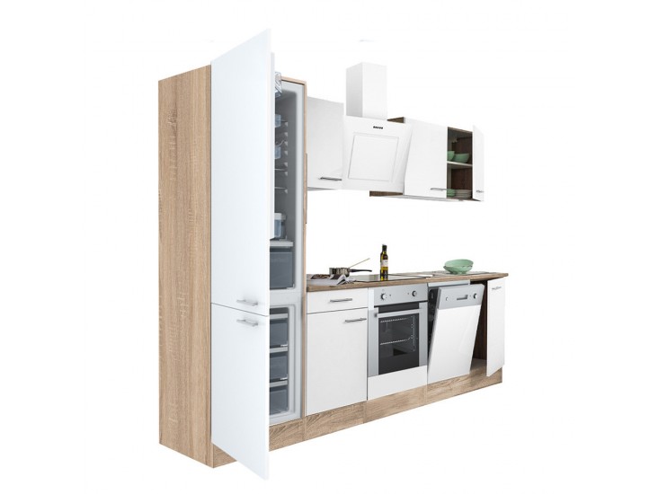 Yorki 280 konyhabútor sonoma tölgy korpusz,selyemfényű fehér front alsó sütős elemmel alulfagyasztós hűtős szekrénnyel
