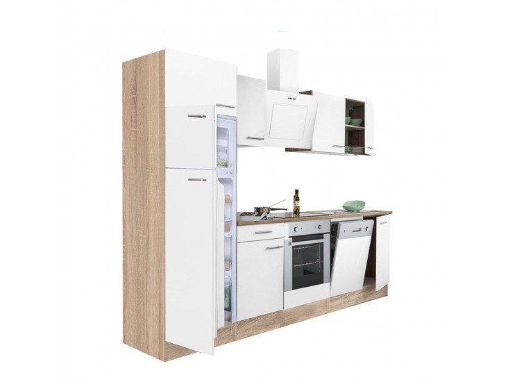 Yorki 280 konyhabútor sonoma tölgy korpusz,selyemfényű fehér front alsó sütős elemmel felülfagyasztós hűtős szekrénnyel