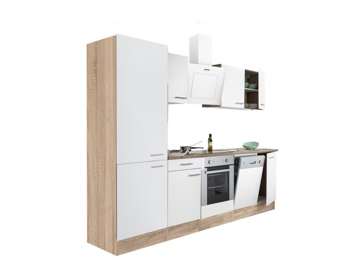 Yorki 280 konyhabútor sonoma tölgy korpusz,selyemfényű fehér front alsó sütős elemmel polcos szekrénnyel