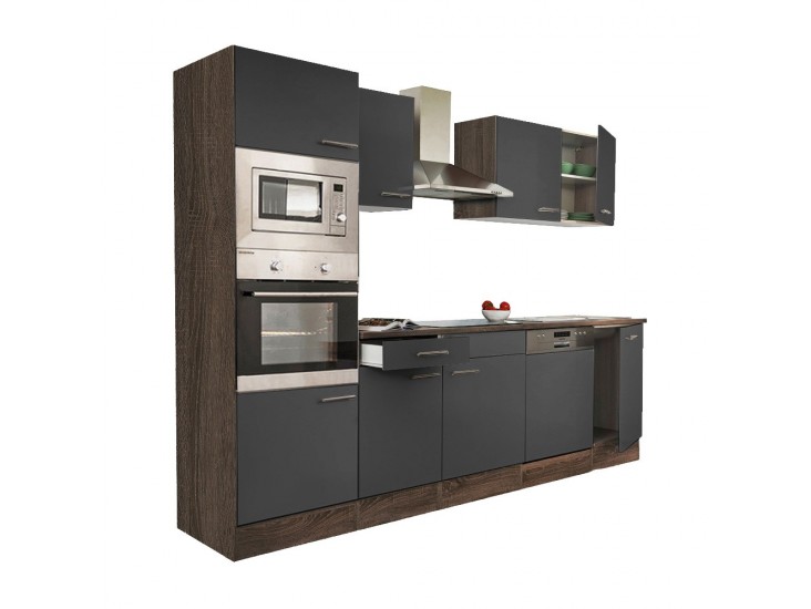 Yorki konyhabútor Yorki tölgy korpusszal, selyemfényű antracit fronttal 280 cm-es méretben