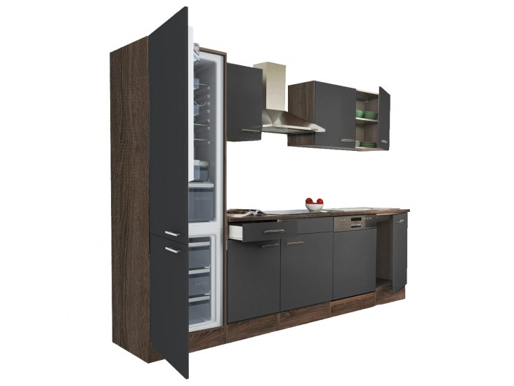 Yorki 280 konyhabútor yorki tölgy korpusz,selyemfényű antracit fronttal alulfagyasztós hűtős szekrénnyel