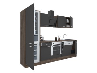 Yorki 280 konyhabútor yorki tölgy korpusz,selyemfényű antracit front alsó sütős elemmel alulfagyasztós hűtős szekrénnyel