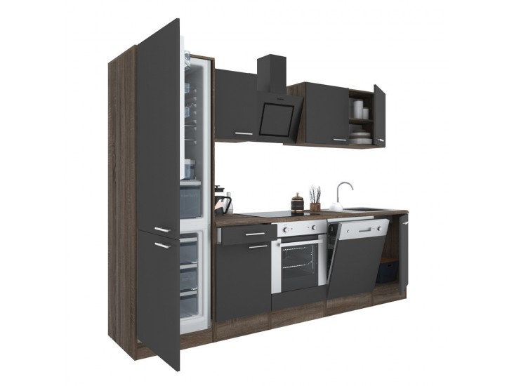Yorki 280 konyhabútor yorki tölgy korpusz,selyemfényű antracit front alsó sütős elemmel alulfagyasztós hűtős szekrénnyel