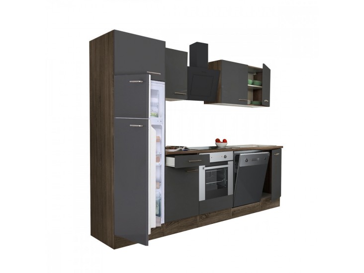 Yorki 280 konyhabútor yorki tölgy korpusz,selyemfényű antracit front alsó sütős elemmel felülfagyasztós hűtős szekrénnyel