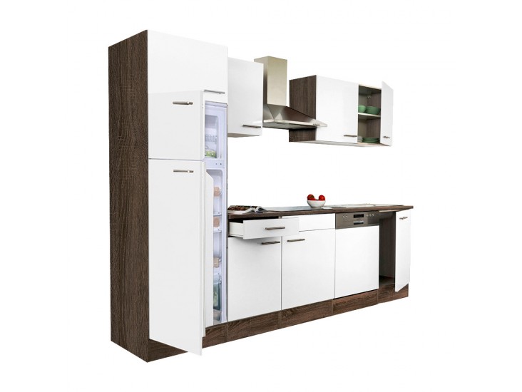 Yorki 280 konyhabútor yorki tölgy korpusz,selyemfényű fehér fronttal felülfagyasztós hűtős szekrénnyel