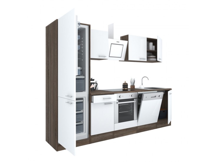 Yorki 280 konyhabútor yorki tölgy korpusz,selyemfényű fehér front alsó sütős elemmel alulfagyasztós hűtős szekrénnyel