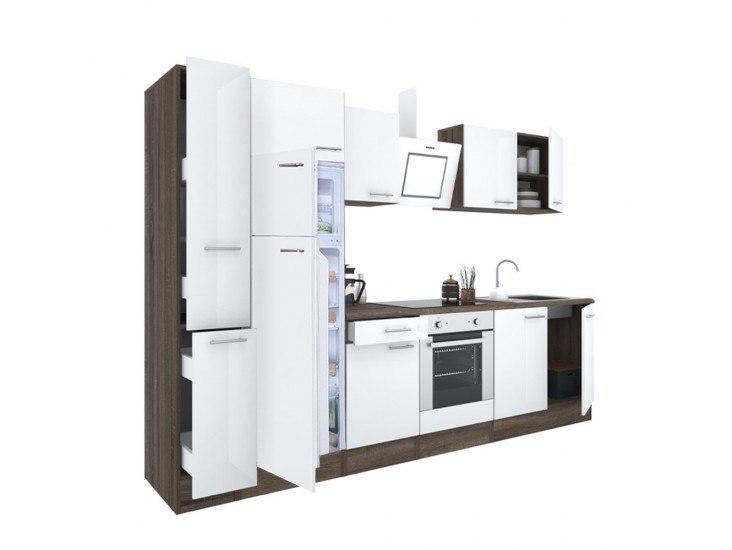 Yorki 280 konyhabútor yorki tölgy korpusz,selyemfényű fehér front alsó sütős elemmel felülfagyasztós hűtős szekrénnyel