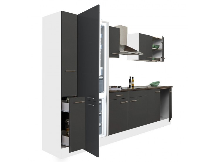 Yorki 300 konyhabútor fehér korpusz,selyemfényű antracit fronttal alulfagyasztós hűtős szekrénnyel