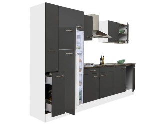 Yorki 300 konyhabútor fehér korpusz,selyemfényű antracit fronttal felülfagyasztós hűtős szekrénnyel