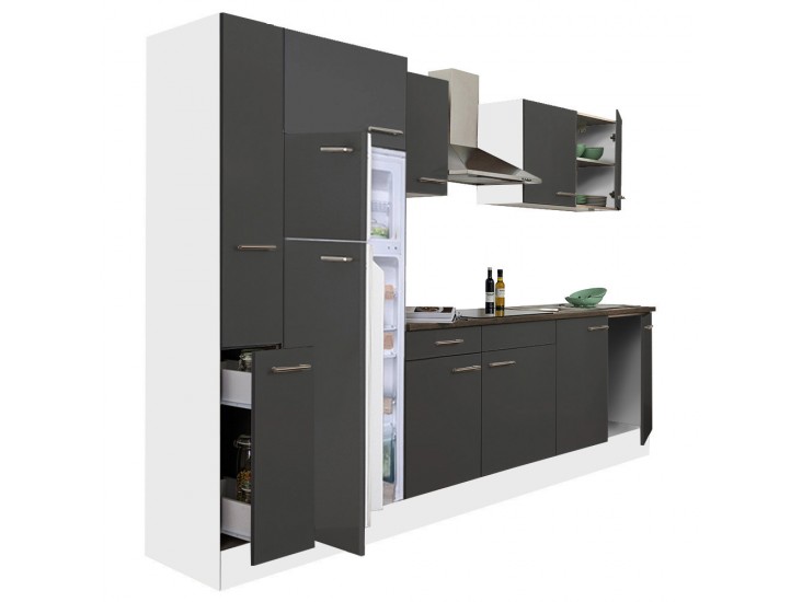 Yorki 300 konyhabútor fehér korpusz,selyemfényű antracit fronttal felülfagyasztós hűtős szekrénnyel
