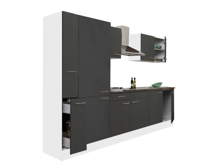 Yorki 300 konyhabútor fehér korpusz,selyemfényű antracit fronttal polcos szekrénnyel