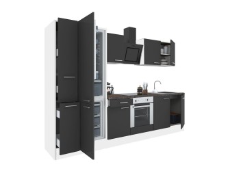 Yorki 300 konyhabútor fehér korpusz,selyemfényű antracit front alsó sütős elemmel alulfagyasztós hűtős szekrénnyel