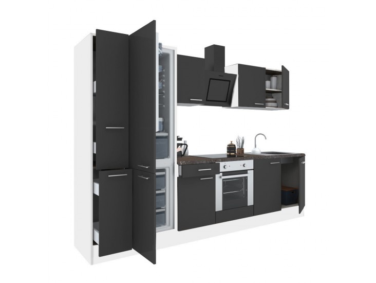 Yorki 300 konyhabútor fehér korpusz,selyemfényű antracit front alsó sütős elemmel alulfagyasztós hűtős szekrénnyel