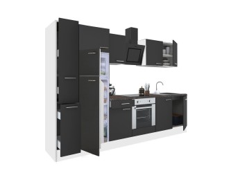 Yorki 300 konyhabútor fehér korpusz,selyemfényű antracit front alsó sütős elemmel felülfagyasztós hűtős szekrénnyel