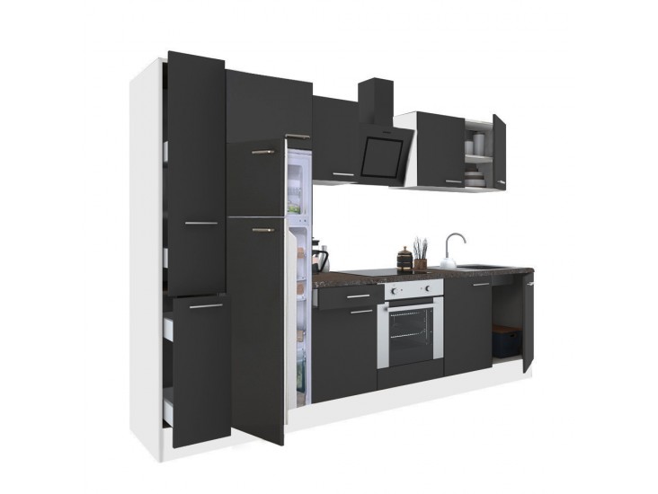Yorki 300 konyhabútor fehér korpusz,selyemfényű antracit front alsó sütős elemmel felülfagyasztós hűtős szekrénnyel