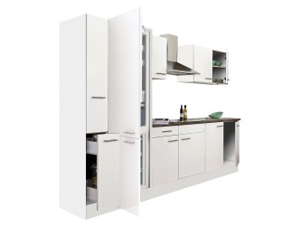 Yorki 300 konyhabútor fehér korpusz,selyemfényű fehér fronttal alulfagyasztós hűtős szekrénnyel