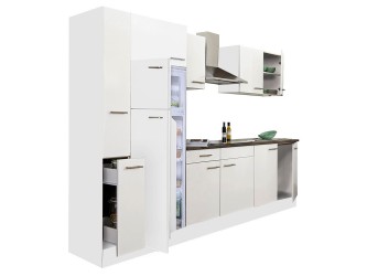 Yorki 300 konyhabútor fehér korpusz,selyemfényű fehér fronttal felülfagyasztós hűtős szekrénnyel