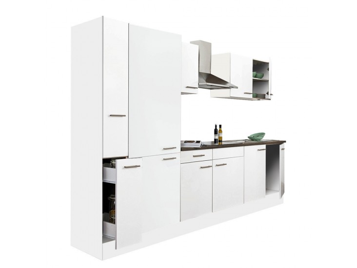 Yorki 300 konyhabútor fehér korpusz,selyemfényű fehér fronttal polcos szekrénnyel