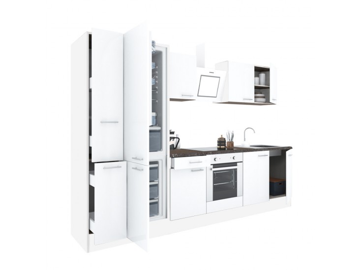 Yorki 300 konyhabútor fehér korpusz,selyemfényű fehér front alsó sütős elemmel alulfagyasztós hűtős szekrénnyel