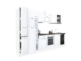 Yorki 300 konyhabútor fehér korpusz,selyemfényű fehér front alsó sütős elemmel felülfagyasztós hűtős szekrénnyel