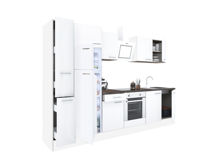 Yorki 300 konyhabútor fehér korpusz,selyemfényű fehér front alsó sütős elemmel felülfagyasztós hűtős szekrénnyel