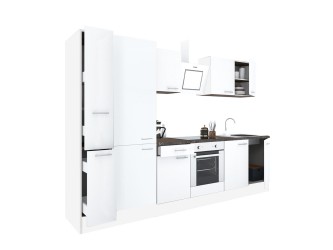 Yorki 300 konyhabútor fehér korpusz,selyemfényű fehér front alsó sütős elemmel polcos szekrénnyel
