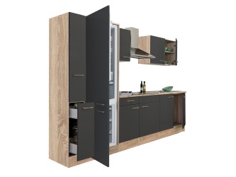 Yorki 300 konyhabútor sonoma tölgy korpusz,selyemfényű antracit fronttal alulfagyasztós hűtős szekrénnyel