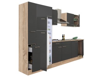 Yorki 300 konyhabútor sonoma tölgy korpusz,selyemfényű antracit fronttal felülfagyasztós hűtős szekrénnyel