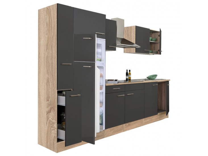 Yorki 300 konyhabútor sonoma tölgy korpusz,selyemfényű antracit fronttal felülfagyasztós hűtős szekrénnyel