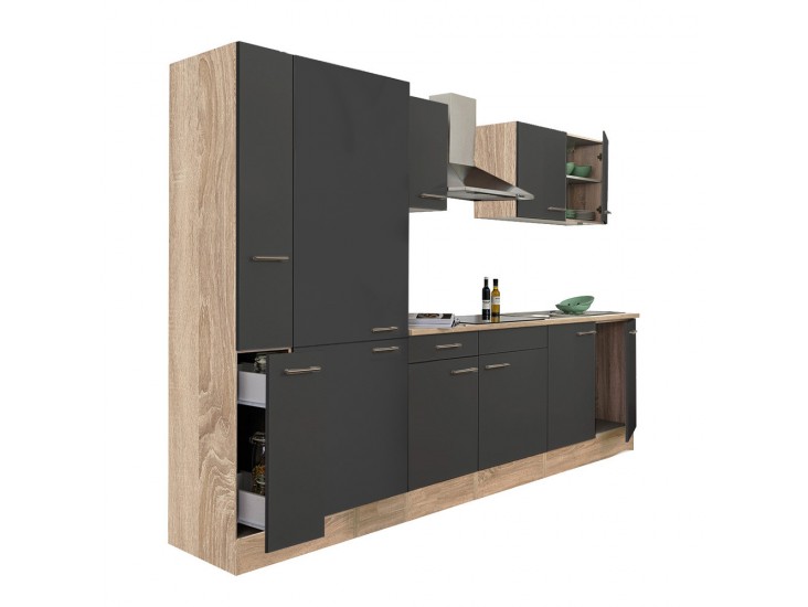 Yorki 300 konyhabútor sonoma tölgy korpusz,selyemfényű antracit fronttal polcos szekrénnyel