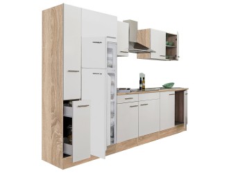 Yorki 300 konyhabútor sonoma tölgy korpusz,selyemfényű fehér fronttal felülfagyasztós hűtős szekrénnyel