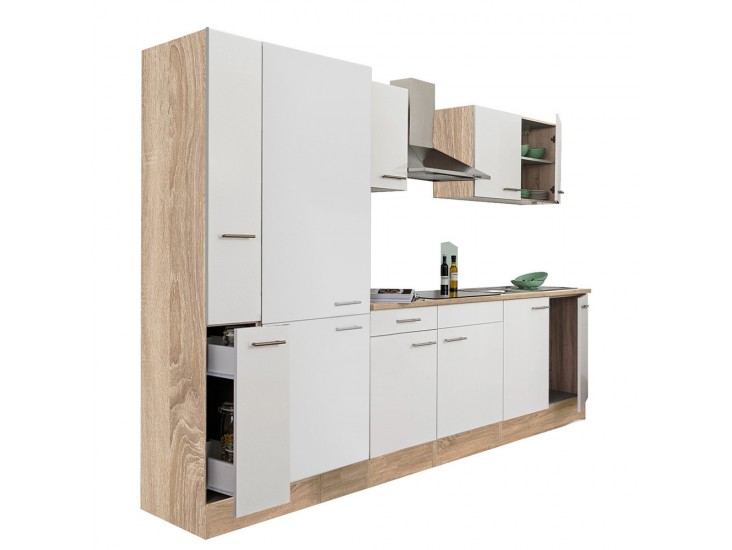 Yorki 300 konyhabútor sonoma tölgy korpusz,selyemfényű fehér fronttal polcos szekrénnyel