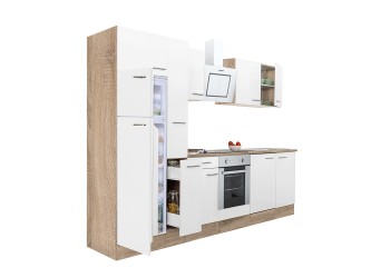 Yorki 300 konyhabútor sonoma tölgy korpusz,selyemfényű fehér front alsó sütős elemmel felülfagyasztós hűtős szekrénnyel