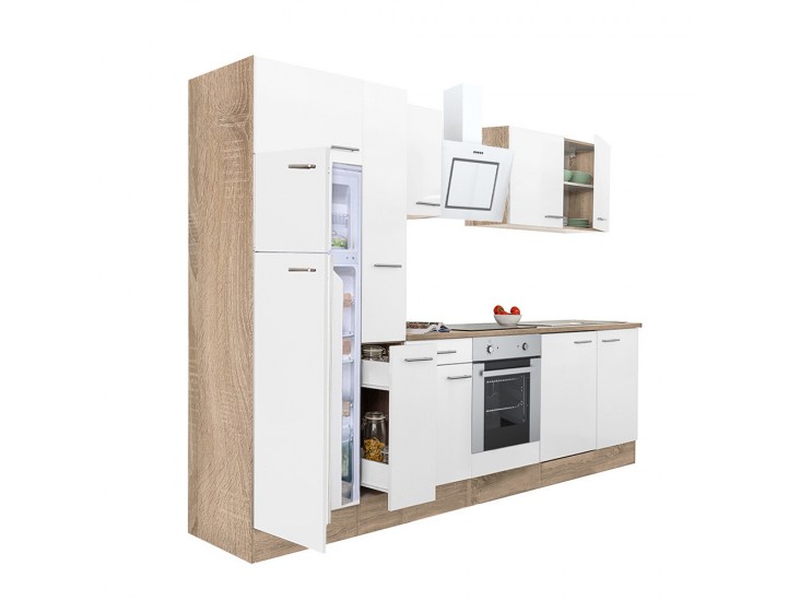 Yorki 300 konyhabútor sonoma tölgy korpusz,selyemfényű fehér front alsó sütős elemmel felülfagyasztós hűtős szekrénnyel