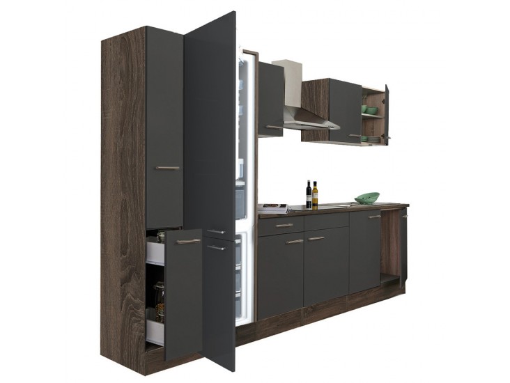 Yorki 300 konyhabútor yorki tölgy korpusz,selyemfényű antracit fronttal alulfagyasztós hűtős szekrénnyel