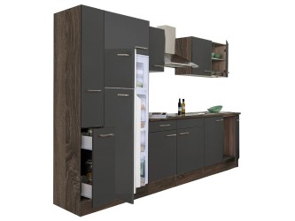 Yorki 300 konyhabútor yorki tölgy korpusz,selyemfényű antracit fronttal felülfagyasztós hűtős szekrénnyel