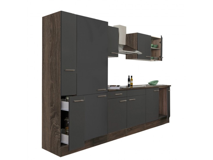 Yorki 300 konyhabútor yorki tölgy korpusz,selyemfényű antracit fronttal polcos szekrénnyel