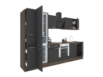 Yorki 300 konyhabútor yorki tölgy korpusz,selyemfényű antracit front alsó sütős elemmel alulfagyasztós hűtős szekrénnyel