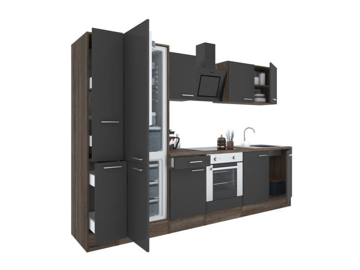 Yorki 300 konyhabútor yorki tölgy korpusz,selyemfényű antracit front alsó sütős elemmel alulfagyasztós hűtős szekrénnyel