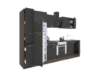 Yorki 300 konyhabútor yorki tölgy korpusz,selyemfényű antracit front alsó sütős elemmel felülfagyasztós hűtős szekrénnyel