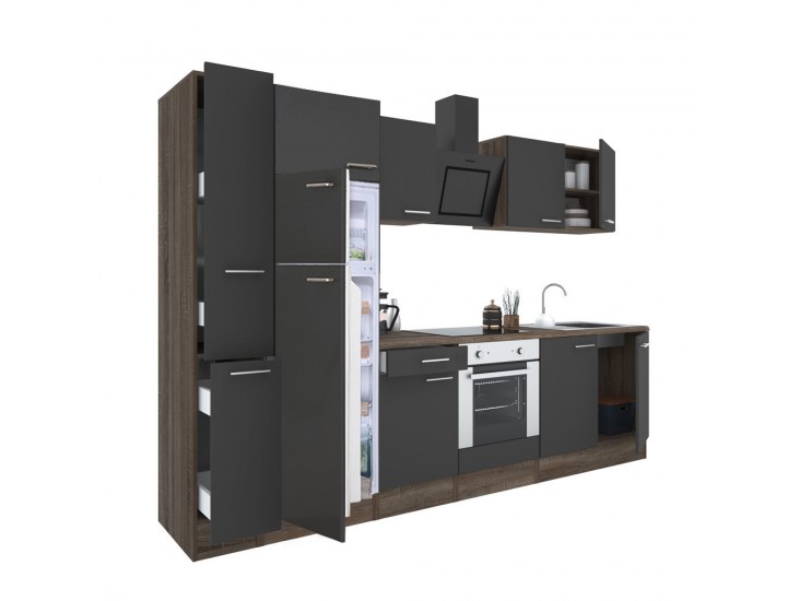 Yorki 300 konyhabútor yorki tölgy korpusz,selyemfényű antracit front alsó sütős elemmel felülfagyasztós hűtős szekrénnyel