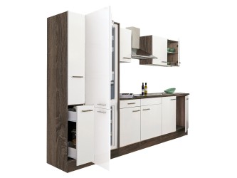 Yorki 300 konyhabútor yorki tölgy korpusz,selyemfényű fehér fronttal alulfagyasztós hűtős szekrénnyel