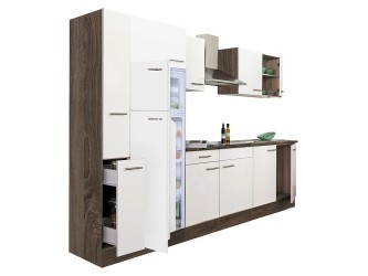 Yorki 300 konyhabútor yorki tölgy korpusz,selyemfényű fehér fronttal felülfagyasztós hűtős szekrénnyel