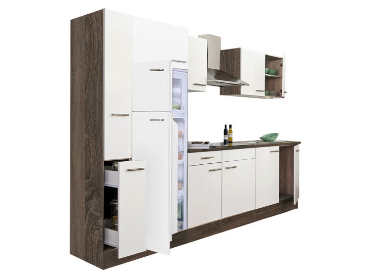 Yorki 300 konyhabútor yorki tölgy korpusz,selyemfényű fehér fronttal felülfagyasztós hűtős szekrénnyel