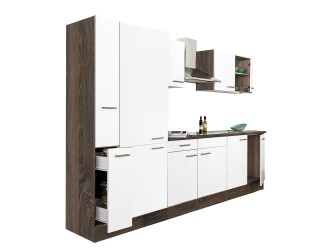 Yorki 300 konyhabútor yorki tölgy korpusz,selyemfényű fehér fronttal polcos szekrénnyel