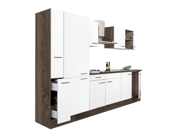 Yorki 300 konyhabútor yorki tölgy korpusz,selyemfényű fehér fronttal polcos szekrénnyel