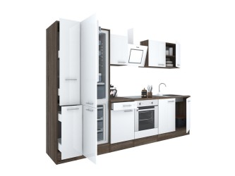 Yorki 300 konyhabútor yorki tölgy korpusz,selyemfényű fehér front alsó sütős elemmel alulfagyasztós hűtős szekrénnyel